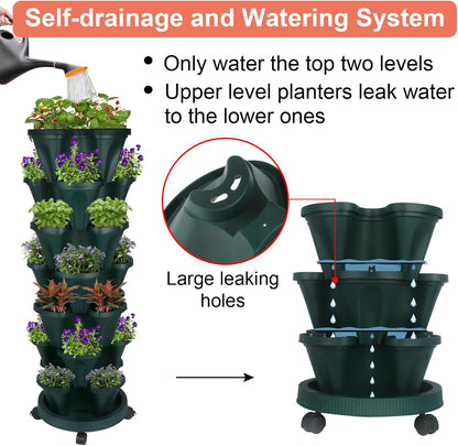 Vertical Planter 7 Tier Stackable Planters Garden Planters Strawberry Herb Flower and Vegetable Planter Indoor Outdoor Gardening Pots with Removable Wheels and Tools 2-Pack