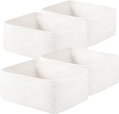 OIAHOMY 4 Pack 14.17*11.02*6.3IN Storage Baskets for Organizing Shelves, Woven Rope Baskets for Organizing Books, Clothes, Decorative Basket for Living Room, Nursery, Bedroom, Gift Basket, White