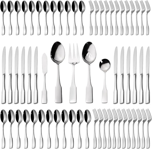 Alata Kate 65-Piece Silverware With Utensil-Serving Set, Service for 12, Stainless Steel Flatware, Mirror Polished Cutlery, Dishwasher Safe