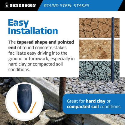 Sandbaggy Round Steel Concrete Form Stakes with Nail Holes - Rust Resistant Coating - Removable, Reusable (100, 3/4 in X 18 in)