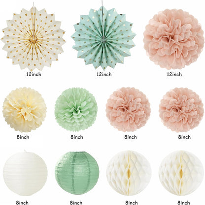 Sage-Green Blush-Pink Beige Birthday Party-Decorations - 21pcs Happy Banner,Cream Light Dusty Pink Paper Lanterns Pom Poms,Rustic Boho Neutral Streamers Garland,Women Girls Decor Supplies Huglony