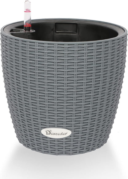 Dexceder 9x8 Inches Rattan Self Watering Planter Indoor Outdoor, Inner Pot Design, Thickened Table Flower Plant Pot with Water Level Indicator (Deep Gray)