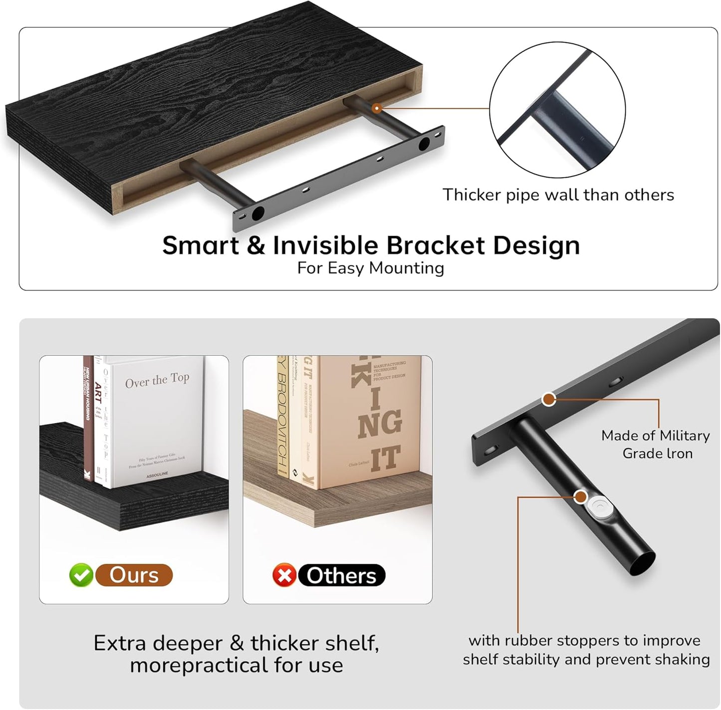 Fun Memories 16 Inch Floating Shelves - Deep Rustic Black Wooden Wall Shelves - Extra Deeper & Thicker Wall Mounted Storage Shelf for Bedroom, Kitchen, Farmhouse - 2 Pack, Rustic Black