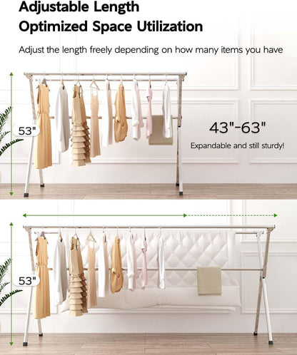 Clothes Drying Rack 63 Inches Folding Indoor Outdoor, Drying Rack Clothing Collapsible, Foldable Portable Laundry Drying Rack, Heavy Duty Laundry Hanger Dryer Rack, with 20 Hooks 12 Clips