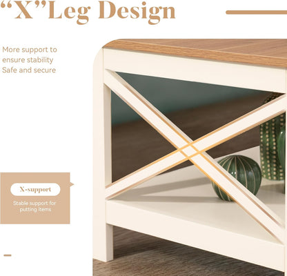 ALPHA HOME Coffee Table with Storage, Farmhouse Coffee Tables for Living Room 2-Tier Modern Coffee Table, Ivory