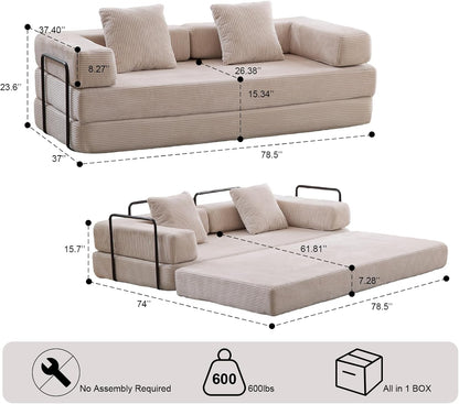 Convertible Sleeper Sofa Bed, Compression Folding Sofa with Pillow, No Assembly Required, Shape Frame, Floor Sofas Lounge Couch for Living Room, Bedroom, Small Spaces(Corduroy, 77''W, Off-white)