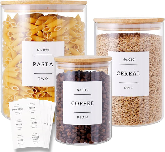 3 Pcs Glass Canisters with Airtight Bamboo Lids and 42 Kitchen Pantry Labels Preprinted - Clear Glass Flour and Sugar Storage Container Set - Large Glass Jars with Wood Lids(100 OZ/54 OZ/27 OZ)