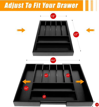 Bellsal Large Premium Bamboo Silverware Organizer - Expandable Utensil Drawer Organizer - 17"x19.6" Utensil Holder and Cutlery Tray with Grooved for Kitchen Flatware and Utensils(7-9 Slot, Black)
