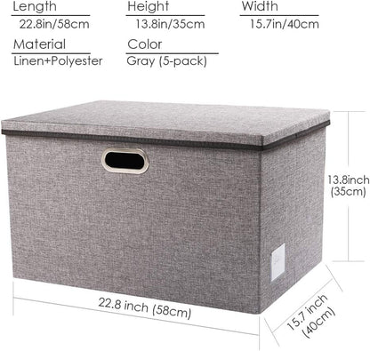 PRANDOM Extra Large Collapsible Storage Bins with Lids [5-Pack] Linen Fabric Foldable Storage Baskets Boxes Organizer Containers Cube with Cover for Bedroom Closet Office Nursery (22.8x15.75x13.8)