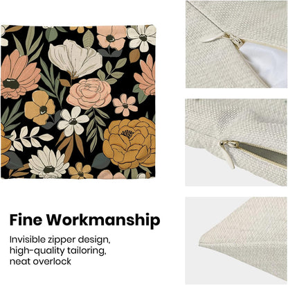 CXMEIFLY Spring Floral Pillow Covers 18 x 18 Inch Set of 2 for Vintage Pink Mustard Yellow Cream Flowers Decor Throw Pillows Plant Black Outdoor Decorative Cushion Cases for Couch Bed Decorations