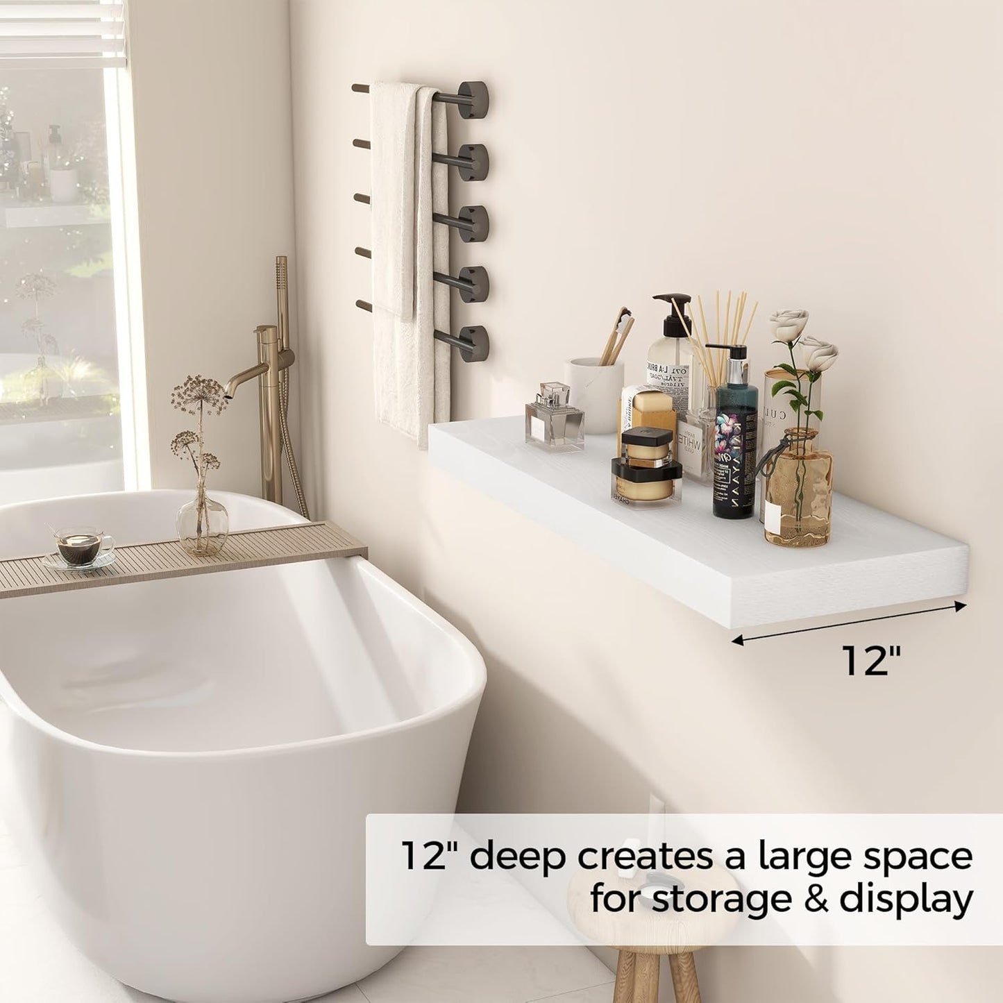 Fun Memories White Floating Shelves 30x 12 Inch, Deep Floating Shelf Wall Mounted, 12" Deep Wall Shelves for Books, Bathroom, Bedroom, Kitchen, Thicked Shelves for Home Storage & Display, Set of 2