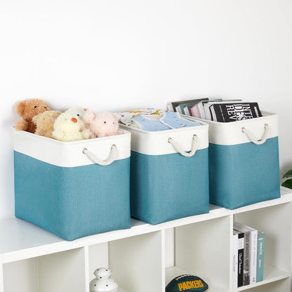 Bidtakay Extra Large Storage Baskets for Shelves 3 Pack Fabric Storage Bins for Organizing Linen Collapsible Organizer for Closet-White&Teal