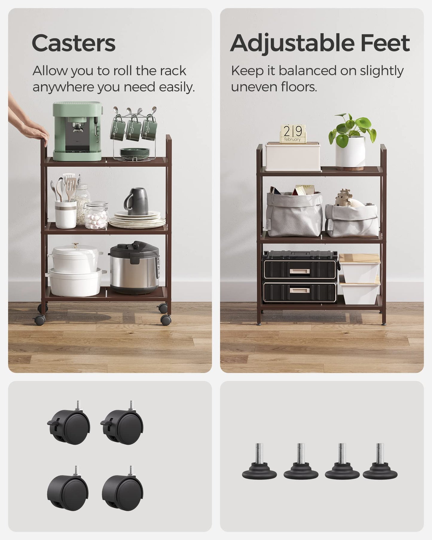 SONGMICS 3-Tier Metal Storage Rack with Wheels, Mesh Shelving Unit with X Side Frames, 23.6-Inch