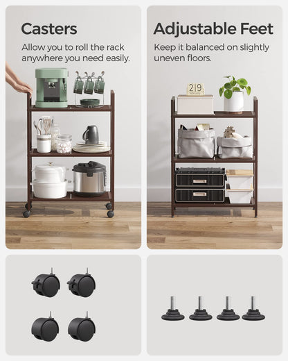 SONGMICS 3-Tier Metal Storage Rack with Wheels, Mesh Shelving Unit with X Side Frames, 23.6-Inch