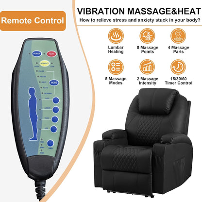 AHMED Power Recliner Chair with Vibration Massage & Heat for Adults, Faux Leather Home Theater Seating with Cup Holders/LED Lights/USB Ports/Side Pockets for Living Room, Black