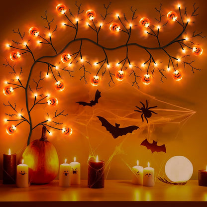 7 Ft 63 LED Halloween Decorations Willow Vine Twig Garland with 8 Modes Timer 21 Pumpkin Orange Lights, Halloween Garland with Waterproof Battery Operated for Indoor Wall Fireplace Decorations