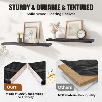 Floating Wall Shelves 3-Pack - 24-Inch Rustic Black Wooden Shelves for Storage and Décor, Easy Installation for Living Room, Bedroom, and Kitchen