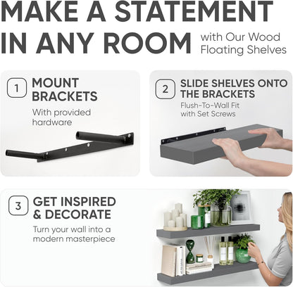 Homeforia Gray Floating Shelves for Wall, Premium Solid Wood Grey Shelf, Grey Bathroom Shelves, Heavy Duty Bracket, 30 x 6.5 x 1.75 inch, Set of 2