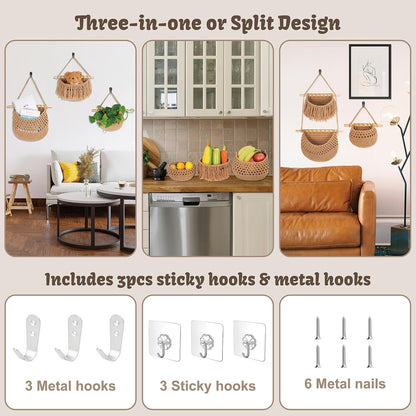 3 Tier Hanging Fruit Basket for Kitchen, Handmade Woven Cotton Hanging Wall Basket for Fruit Vegetable with 6 Hooks, Boho Style Over The Door Organizer for Living Bathroom Bedroom