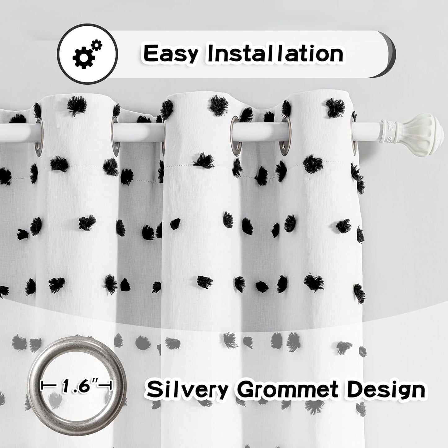 MYSKY HOME Blackout Curtains for Kids Bedroom 100% Light Block Out Thermal Insulated Curtain 63 Inches Grommet Room Darkening Curtains Privacy Window Drapes with Black Pom Pom Sheers，2 PCS, 52" x 63"