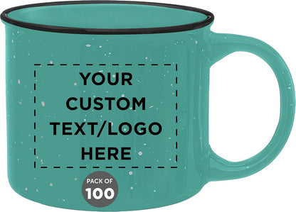 DISCOUNT PROMOS Custom Ceramic Campfire Coffee Mugs 13 oz. Set of 100, Personalized Bulk Pack - Perfect for Tea, Espresso, Cappuccino, Hot Cocoa - Mint