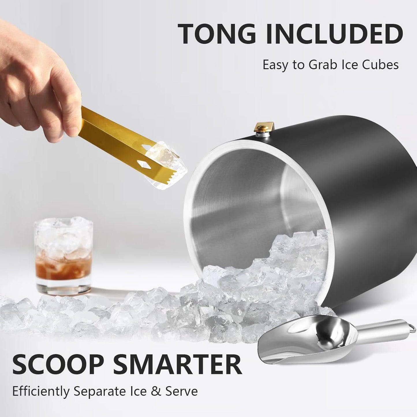 2L Ice Bucket with Silicone Lid, Scoop, Gold Tongs & Strainer, Stainless Steel Double Wall Insulated Ice Buckets for Parties & Cocktail Bar Outdoor Champagne Ice Container Bin, Black