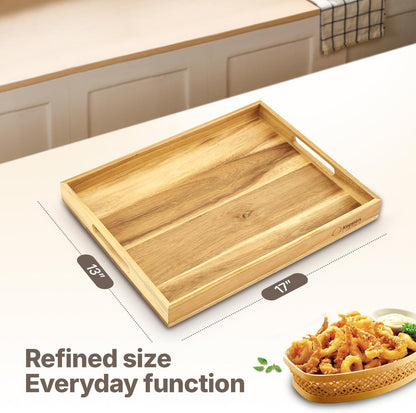 Koppen Acacia Wood Serving Tray with Handles, 17" x 13.86", Large Wooden Platter for Breakfast, Ottoman Tray for Party, Snacks, Fruit, Coffee Table, Living Room, Sofa, Bed, Outdoor