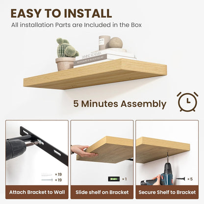 24 Inch Floating Shelves, 12 Inch Deep Floating Shelves for Wall, Floating Shelf with Invisible Brackets, Deep Shelves for Bathroom, Bedroom, Living Room, 2 Pack, Natural