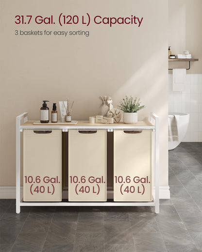 VASAGLE Laundry Hamper, Laundry Basket Sorter with 3 Pull-Out and Removable Bags, Shelf, Metal