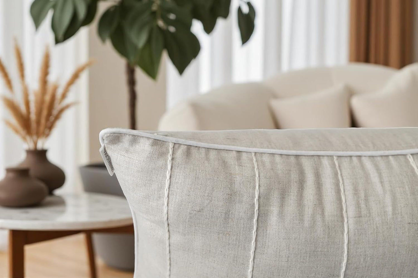 VAGMINE Hand Embroidered Daisy Accent Throw Pillow Cover - 20x20 Inches Square - 100% Linen Natural Decorative Cushion Cover for Couch, Sofa, Bed - Textured Embroidery - Boho Floral Home Décor