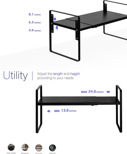Nxconsu Cabinet Shelf Expandable Height Adjustable Organizer Riser for Kitchen Cabinet Pantry Cupboard Under Sink Countertop Organization Storage Space Saver Stackable Heavy Duty Metal Black XL