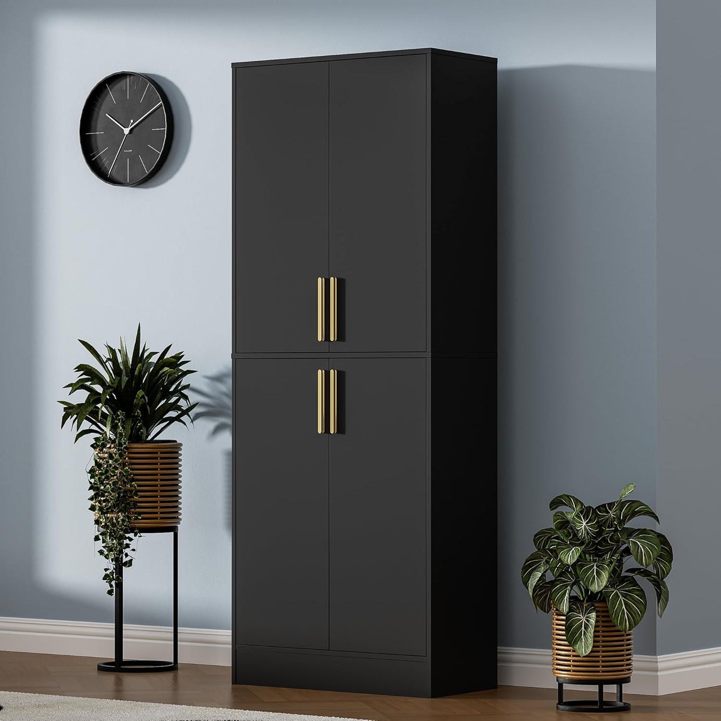 71" Tall Pantry Cabinet, 4 Doors Kitchen Pantry Storage Cabinet, Freestanding Larder Cupboard, Kitchen Hutch with Gold Handles for Dining Room, Bathroom, Black