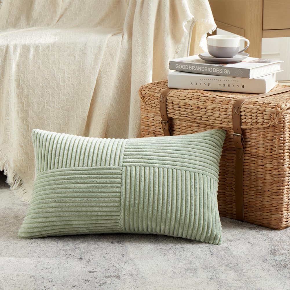 Fancy Homi 2 Packs Sage Green Long Lumbar Decorative Throw Pillow Covers 16x24 Inch for Couch Bed Sofa, Rustic Farmhouse Boho Home Decor, Soft Striped Corduroy Rectangle Accent Cushion Case 40x60 cm