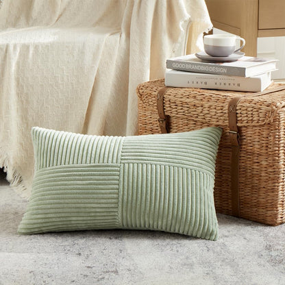 Fancy Homi 2 Packs Sage Green Lumbar Decorative Throw Pillow Covers 12x20 Inch for Living Room Couch Bed, Rustic Farmhouse Boho Home Decor, Soft Striped Corduroy Rectangle Accent Cushion Case 30x50 cm