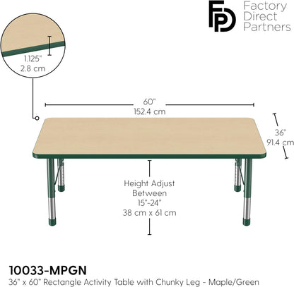 Factory Direct Partners FDP Rectangle Activity School and Classroom Kids Table (36 x 60 inch), Toddler Leg, Adjustable Height 15-24 inches - Maple Top and Green Edge