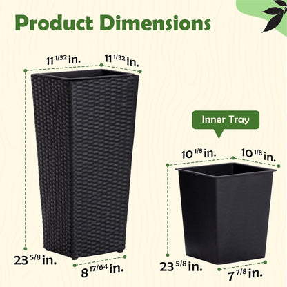 IDZO Wicker All-Weather Planter Set with Liners Tall Plant Decor Box for Outdoors Patio Herb Garden Furnishings - Rectangular Mocha