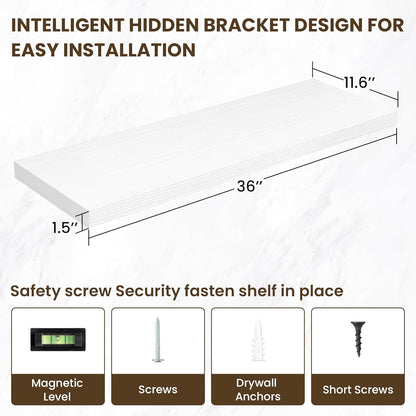 36 Inch Floating Shelves, 12 Inch Deep Floating Shelves for Wall, Floating Shelf with Invisible Brackets, Large Deep Wall Shelves for Bathroom, Bedroom, Living Room, 2 Pack, White