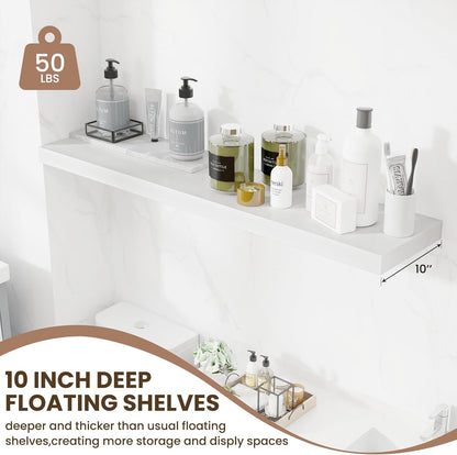 Fun Memories 10 Inch Deep Shelves, Floating Shelves for Wall 48 Inches Long, Wood Floating Shelves for Wall, Large Storage Shelves Wall Mount for Living Room Bedroom, White, Set of 1