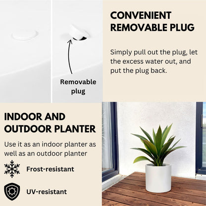 Fox & Fern Matte White Plant Pots with Drainage Plug (Set of 3) — Premium Lightweight Fiberstone 8, 10, and 12 Inch Planters for Indoor and Outdoor Use; Weather Resistant & UV Resistant