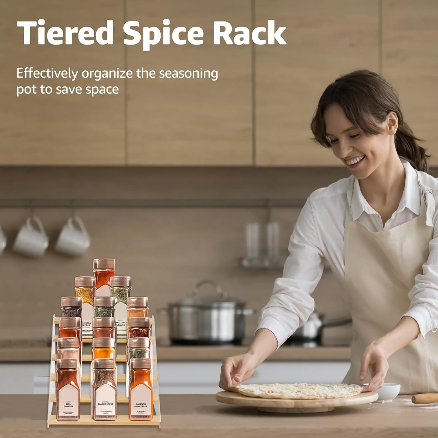 nianfeng Tiered Spice Rack, 6-Tier Spice Pantry Kitchen Cabinet Organizer, 12-Inch, Natural Wood Acrylic Stair Riser Stand, Countertop Seasoning Shelf