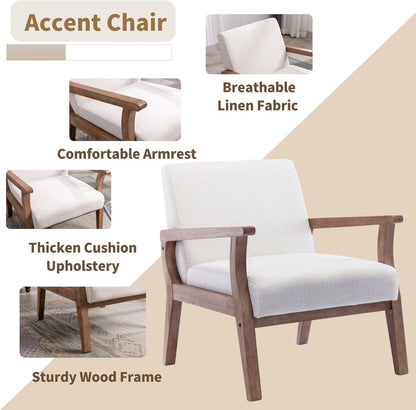 HNY Mid Century Modern Accent Chairs Set of 2 with Wood Frames, Linen Upholstered Living Room Arm Chairs for Living Room, Bedroom, Ivory