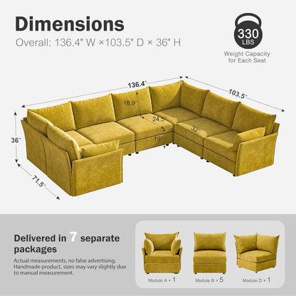 136.4" Oversized Modular Sectional Sofa, U Shaped Convertible Couch with Movable Ottoman, Large 7 Seat Corner Couches for Living Room Deep Seat Yellow Chenille