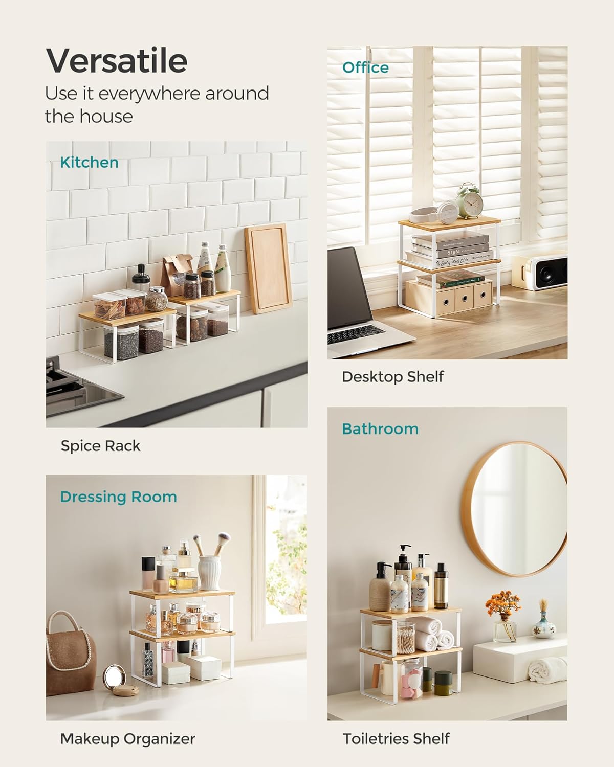 SONGMICS Cabinet Organizer Shelf, Set of 2 Kitchen Counter Shelves, Kitchen Storage, Spice Rack, Stackable, Expandable, Metal and Engineered Wood, Cloud White and Natural Beige UKCS02NW