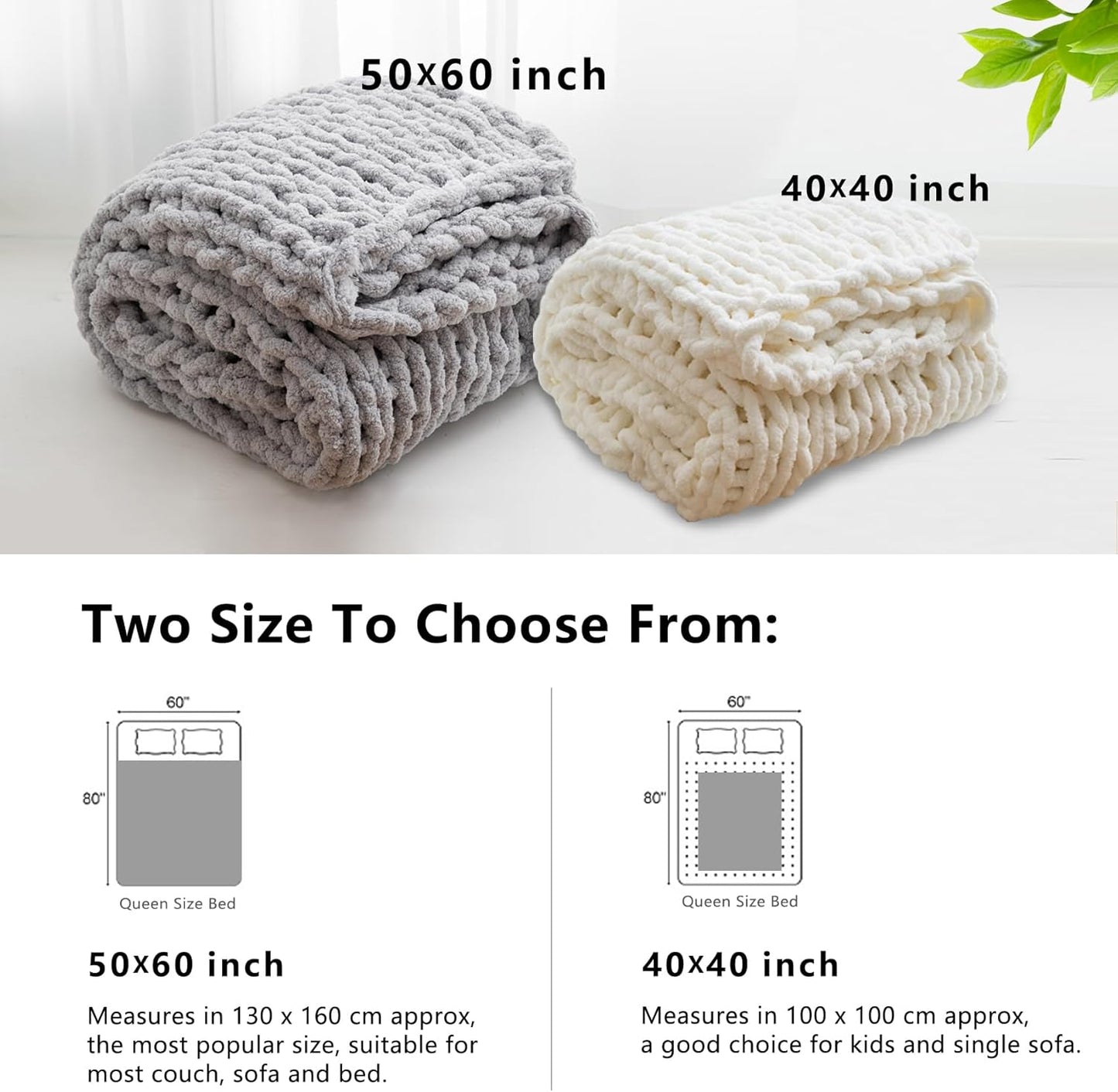 WESHIONGOO Chunky Knit Blanket Throw Knitted Throw Blankets for Couch Bed Fluffy Soft Blanket with Jumbo Chenille Yarn Thick 100% Handmade (White, 50"×60")