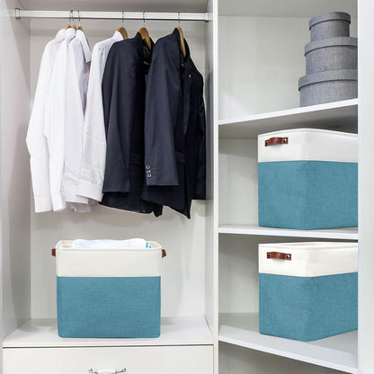Large Fabric Storage Baskets | 50L Storage Bins, Decorative Linen Closet Baskets with Handles for Organizing, Shelf, Toys, Clothes, Home, Office, Nursery, 17x12x15Inches (Teal&White)