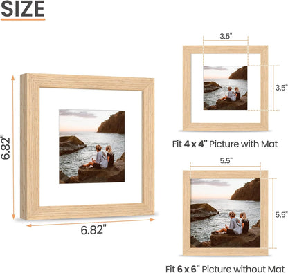 upsimples 6x6 Picture Frame, Natural Solid Wooden Picture Frames, Display 4x4 with Mat or 6 x 6 Without Mat, Wall or Tabletop, 1 Pack, Natural
