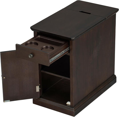 Traditional Wood End Table with Charging Station, Modern Vintage Sofa Chair Side Table Nightstand with Storage & Drawer for Living Room Bedroom, No Assembly, Antique Espresso
