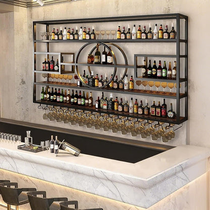 47.2in Wall Mounted Wine Rack, Modern Metal Wine Bottle and Glass Holder, Iron Display Stand Decorative Wine Rack, for Bar Living Room Dining Room Background (Black, 47.2 * 8 * 51INCHES)