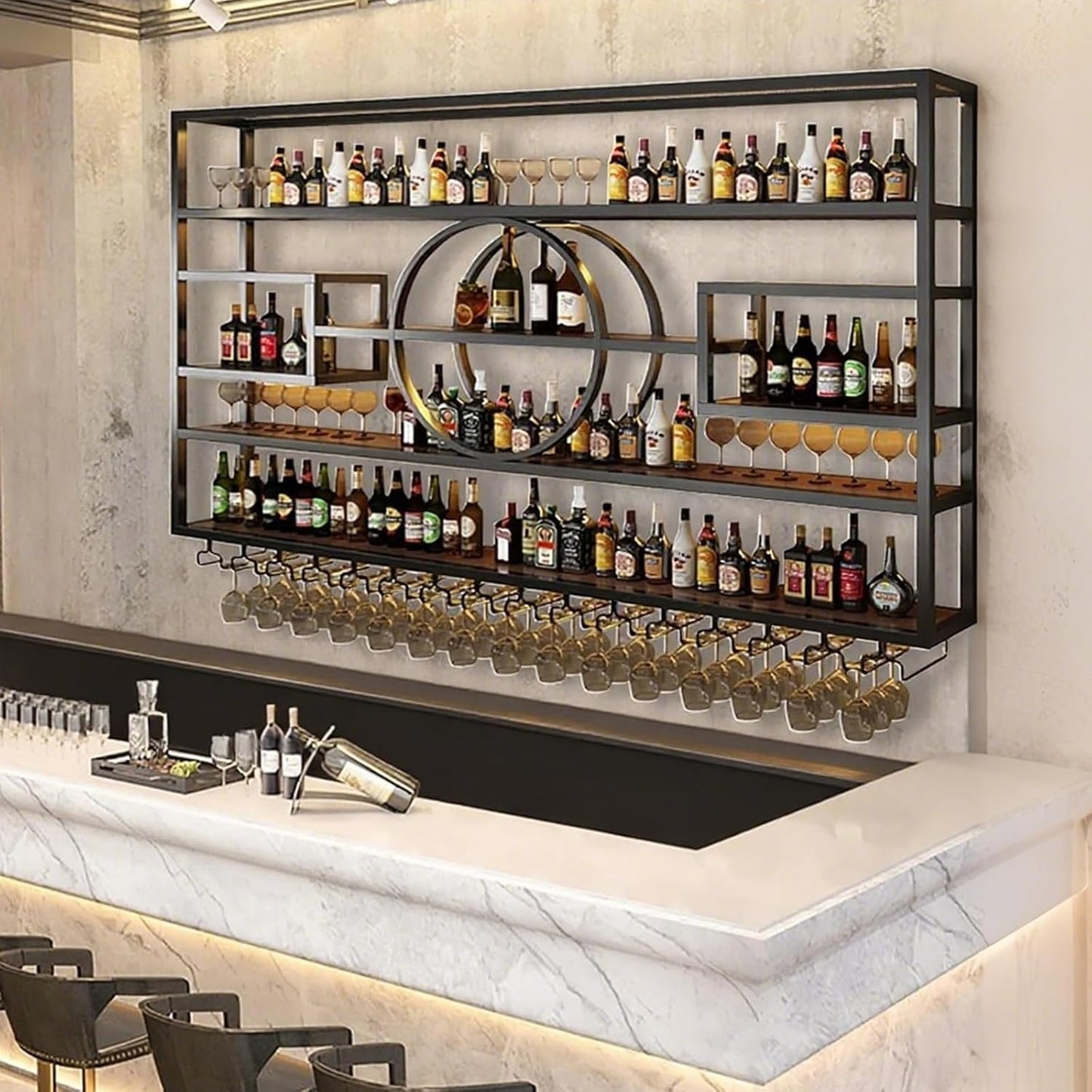 55.1in Wall Mounted Wine Rack, Modern Metal Wine Bottle and Glass Holder, Iron Display Stand Decorative Wine Rack, for Bar Living Room Dining Room Background (Black, 55.1 * 8 * 51INCHES)