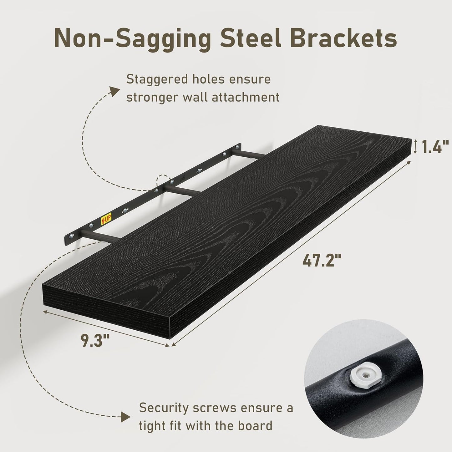 Black Floating Shelves Wall Shelf 48 Inch, 9.3 Inch Deep Floating Shelf for Wall, Farmhouse Black Wood Shelves Invisible Bracket for Living Room, Bedroom, Kitchen, 48 x 9.3 x 1.4 Inch, Set of 2